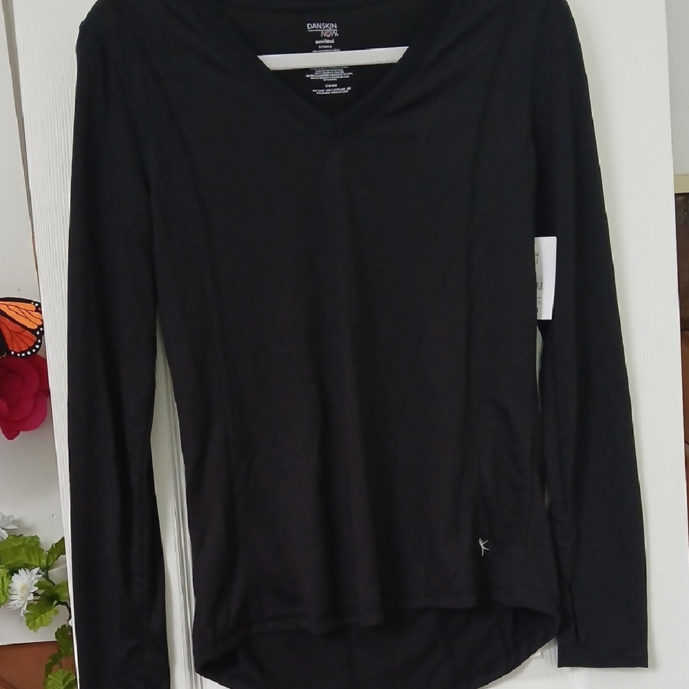 Danskin Semi-Fitted Black Long Sleeve Top With Thumb Holes Size S - Picture 2 of 11